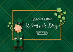 St. Patrick's in cartoon character siting on frame with specials offer letters and shamrock plants decoration on green argyle pattern background. All in vector design.