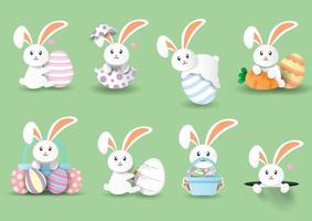 Set of Easter bunny isolate on green background. vector