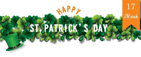 Happy Saint Patrick's Day letters, high hat and the day of event's ribbon on shamrock plants and white background. Saint Patrick's Day greeting card in vector design