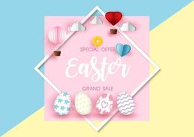 Colorful Easter eggs and clouds, balloon with blue heart on white square frame with Easter day sale wording and colorful geometry background. vector