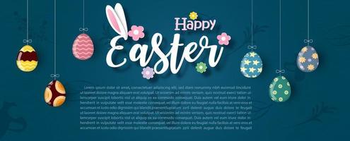 Colorful Easter eggs hang with Happy Easter wording in design and example texts on plants pattern and dark blue background. Easter eggs hunt greeting card in banner and vector design.