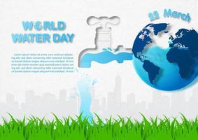 World water day letters and example texts with blue earth in water tap design and the water flows on grassland and silhouette cityscape background. vector