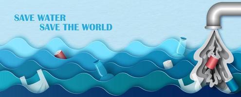 Closeup and crop junk on the Ocean wave with factory pipeline and waste water and slogan on blue background. World water day campaign in paper cut style and vector banner design.