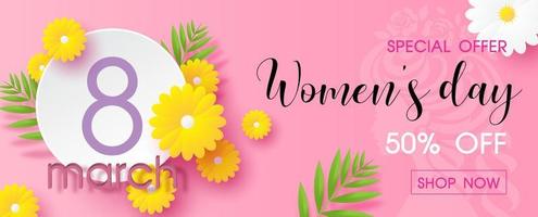 The day of event with yellow flowers and decorated plants on white banner, Women's day specials offer sale wording on women drawing shape and pink background. Poster's banner of Women's day in vector