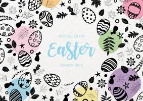 Closeup and crop Easter eggs with decorate nature in doodle style and colorful dot with wording of Easter holiday on white paper pattern background. vector