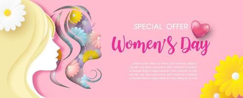 Closeup and crop women face with colorful flowers in paper cut style and Women's day specials offer sale wording, example texts on pink background. Poster's banner of Women's day in vector design.
