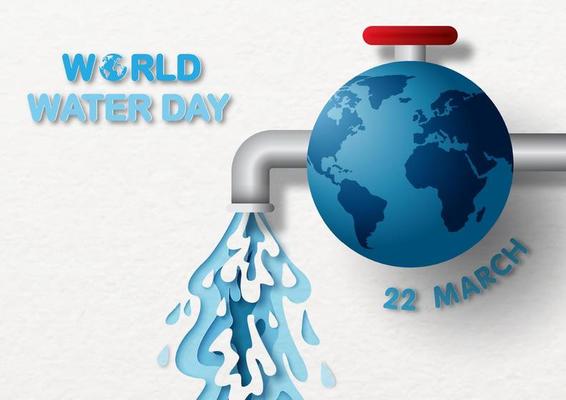 World water day with blue earth in water tap design and paper cut style on white paper pattern background.