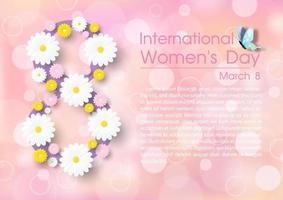 primer plano flores de colores en el gigante número 8 con la redacción del evento del día de la mujer y textos de ejemplo sobre fondo rosa borroso y bokeh. vector