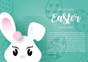 Closeup and crop white bunny head with wording about Easter day sale and example texts on Easter eggs green pattern background. vector