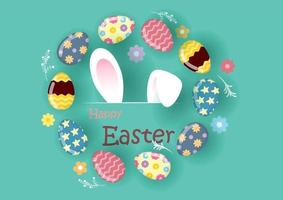 Colorful Easter eggs and flowers with Happy Easter wording and white ears of bunny on light green background. Easter eggs hunt greeting card in vector design.