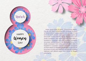 Giant of number 8 with blue flowers pattern and wording of event with pink flowers, example texts on flowers pattern and white paper background. All in paper cut style and vector design.