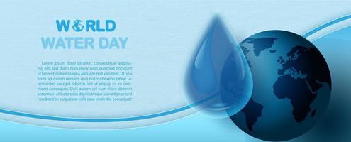 Closeup giant water droplet on the blue globe with wording of World water day, example texts and abstract paper pattern background vector