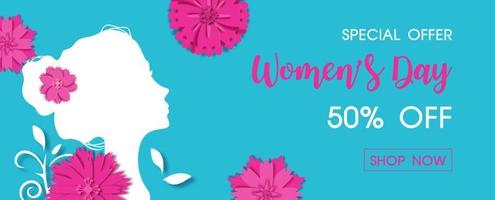 Magenta flowers in paper cut style on white silhouette woman shape with women's day specials offer sale wording isolate on sea green color background. vector