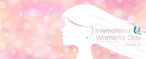 Closeup and crop white silhouette of head's women with wording of Women's day event and butterfly on pink abstract bokeh background with space for texts. vector