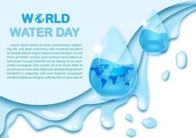 redacción del día mundial del agua con textos de ejemplo y mapa mundial en estilo de vidrio de gota de agua sobre patrón de agua y fondo blanco. vector