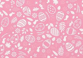 Closeup and crop Easter eggs with decorate nature in white color and doodle style on pink paper pattern background. Easter eggs hunt wallpaper and seamless in vector design