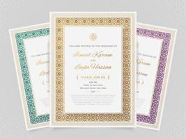 Arabic-style wedding invitation card design with Islamic colorful border vector