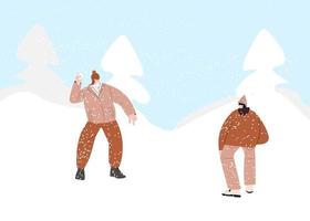 pareja de personas juegan bolas de nieve juego divertido en la ilustración de vector de paisaje de nieve de invierno. personajes de amigos de dibujos animados jugando al aire libre, disfrutando del clima helado. concepto de actividad saludable de invierno