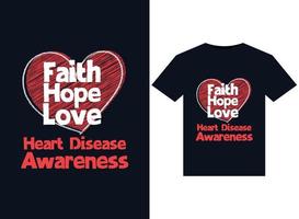 fe esperanza amor ilustraciones de conciencia de enfermedades cardíacas para el diseño de camisetas listas para imprimir. vector