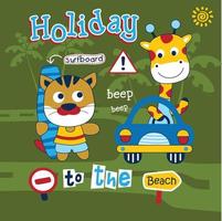 giraffe and tiger is holiday funny animal cartoon vector