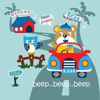 bear go to holiday driving a car funny animal cartoon vector