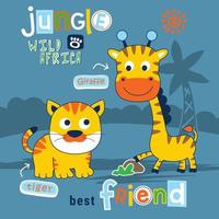 tiger and giraffe funny animal cartoon vector