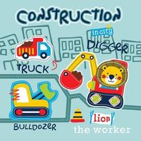 lion driving digger funny animal cartoon vector