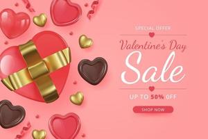 Valentine's day sale background with balloons heart, gift and golden hearts. Vector illustration. Wallpaper, flyers, invitation, posters, brochure, banners.