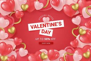 Valentine's day sale background with balloons heart and golden hearts. Vector illustration. Wallpaper, flyers, invitation, posters, brochure, banners.