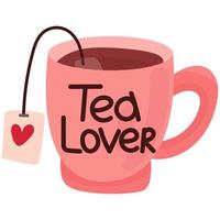 taza de té rosa con una inscripción de la frase amante del té. dibujar a mano ilustración vectorial. vector