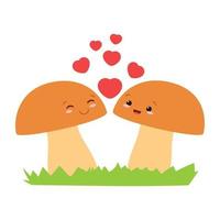 Concept for Valentine's Day with two mushrooms in love with hearts. Vector illustration.