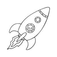 Doodle of rocket with cat astronaut isolated on white background. Hand drawn contour vector illustration of fly spaceship. Can be use for kids coloring book.