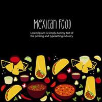 tacos de ilustración de comida mexicana, burrito, chili con carne, nachos, guacamole sobre fondo negro