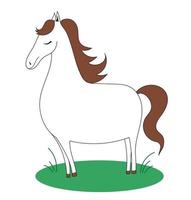 White horse with a brown mane on the grass. Doodle horse. Vector simple kid illustration.