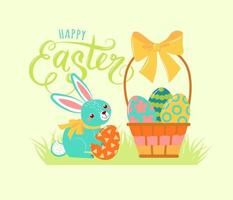 A cute easter bunny is holding an egg, next to it is a basket of easter eggs. Poster, postcard - Happy Easter. vector