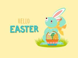 A cute Easter Bunny is holding a basket of Easter eggs. Poster, postcard - Hello Easter. vector