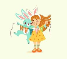 a girl with a decoration on her head - with bunny ears, holds a bunny and earth with flags with the inscription - easter. vector