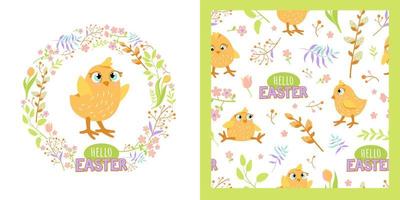 Cute yellow chick in a wreath of flowers. Easter colorful illustration and seamless pattern with Hello easter text. Vector cartoon