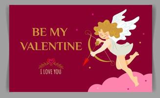 Valentine's day poster or card with cute cupid and pink cloud on dark red background. vector