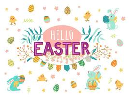 cute rabbits hold Easter eggs, chickens, carrots and various spring plants in their paws. Hello easter inscription. vector