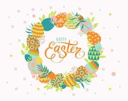 A wreath of painted Easter eggs and spring branches, lettering inside - Happy Easter. vector