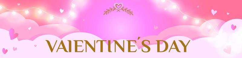 A poster or banner with many hearts and a luminous garland and clouds on a light pink background. Promotion and shopping template or background for love and valentine's day concept vector