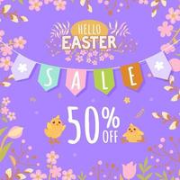 Banner with Easter chickens on a lilac background - 50 off. Poster, postcard  Hello Easter. vector