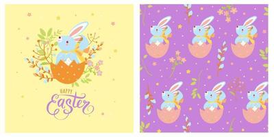 un lindo conejo se sienta en un huevo de pascua rodeado de flores de primavera con un feliz texto de pascua. ilustración colorida de pascua y patrones sin fisuras. vector