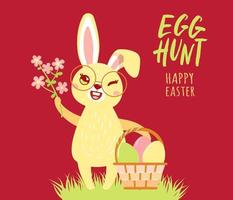 lindo conejo con una canasta de huevos y una rama con flores sobre un fondo rojo oscuro. texto - búsqueda de huevos, felices pascuas. Ilustración de vector de plantilla de maqueta