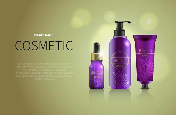 Realistic set of purple color cosmetic bottles bottle with dispenser, dropper, tubes for cream