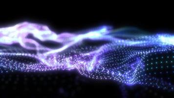 Abstract blue futuristic waves from a grid of particles lines glowing bright shiny neon digital magical energy on a dark background. Abstract background. Video in high quality 4k, motion design