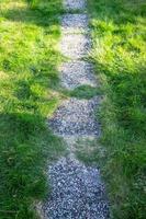 camino hecho de pequeñas piedras, un césped bien cuidado con hierba verde fresca a los lados, en los rayos del sol primaveral. foto