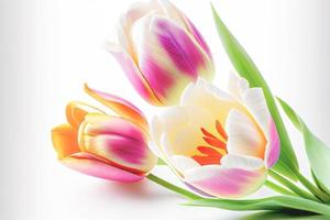Bouquet of fresh, colorful tulip flowers isolated on white with copy space. Ideal for projects. photo