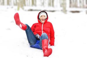 Woman with red jacket during winter photo